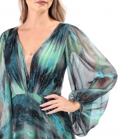 Rochie de seara din voal imprimat si cu motive aurii