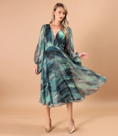 Rochie de seara din voal imprimat si cu motive aurii