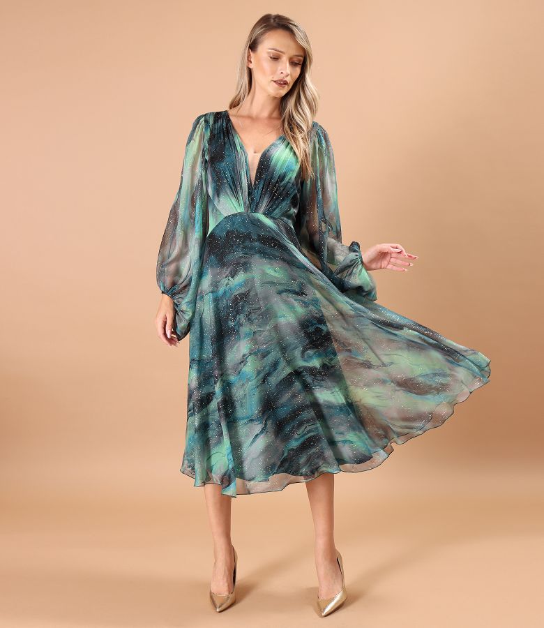 Rochie de seara din voal imprimat si cu motive aurii