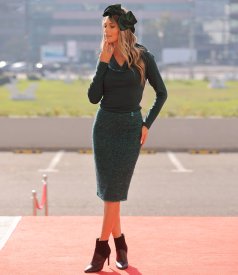 Bluza din jerse elastic cu fir metalic si cu decolteu in falduri