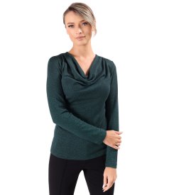 Bluza din jerse elastic cu fir metalic si cu decolteu in falduri