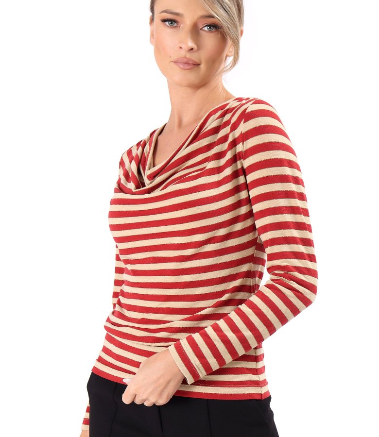 Bluza din jerse elastic cu fir metalic si cu decolteu in falduri