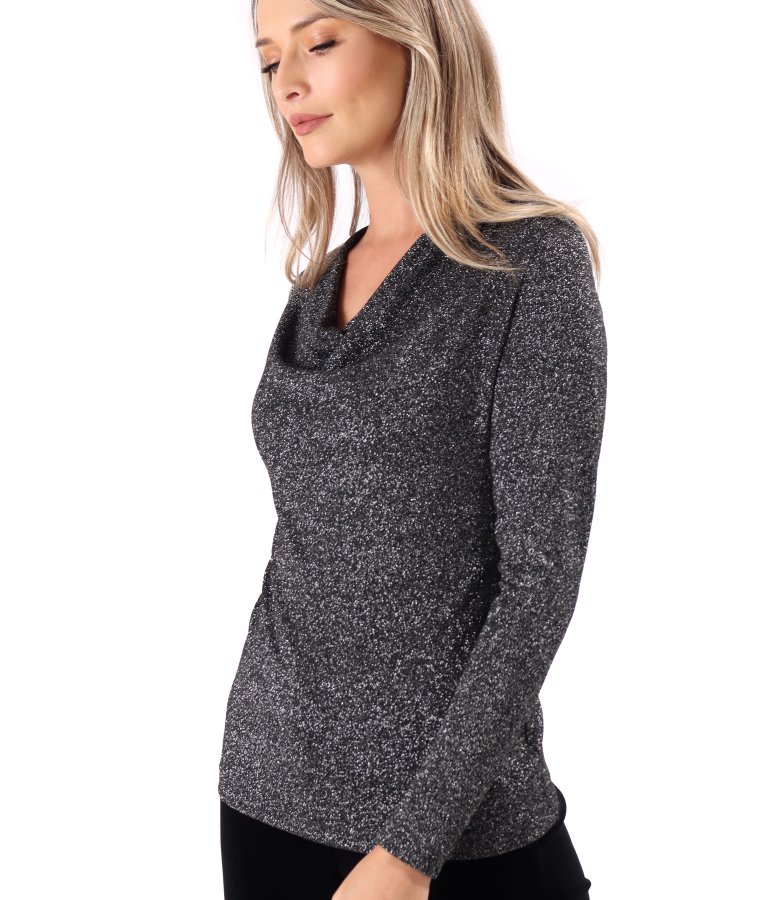 Bluza din jerse elastic cu fir metalic si cu decolteu in falduri
