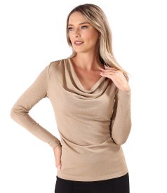 Bluza din jerse elastic cu fir metalic si cu decolteu in falduri